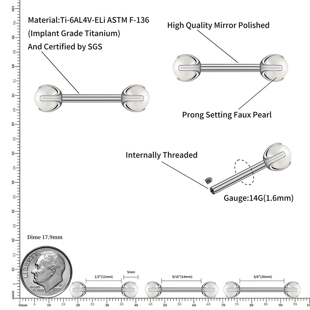 F136 ASTM Right Grand Titanium Internally Threaded Nipple Straight ddmysmile Barbell With 5Mm White Pearl 14G Tongue Ring Nipple Piercing Smile