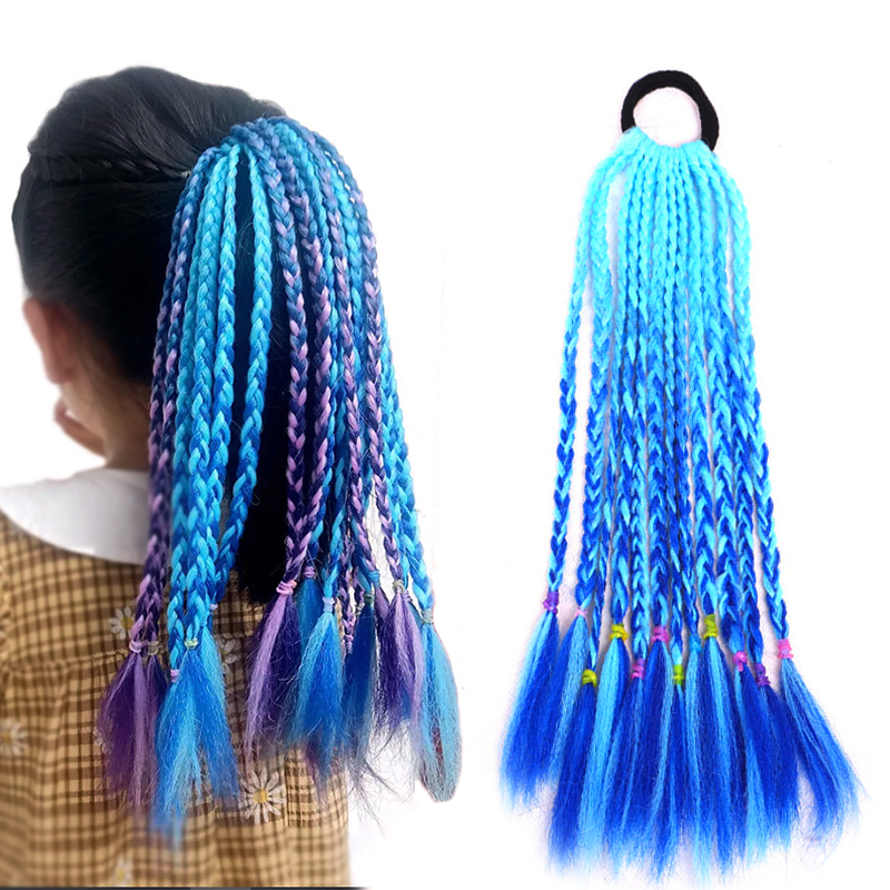 Kids Synthetic Blue Dirty Braided Ponytail With Elastic Band Gradient Color Braiding Pony Tail Hair Extensions For Girls Party e8afc 5 9ef13