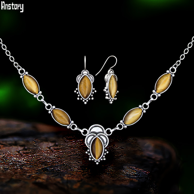Vintage Eye Shape Tiger Eye Necklace Earring Women Set Antique Sier Plated Flower Natural Stone Fashion Jewelry 4e9af 5 2d673