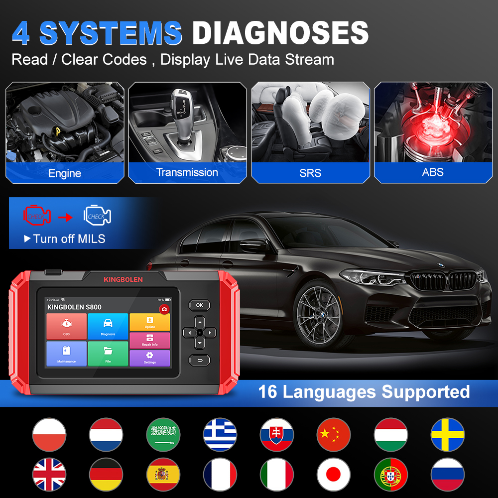 KINGBOLEN S800 5 inch Car Diagnostic Tools ABS SRS ECM TCM 4 systems 15 Resets IMMO DPF Adblue Lifetime Free All OBD2 Scanner