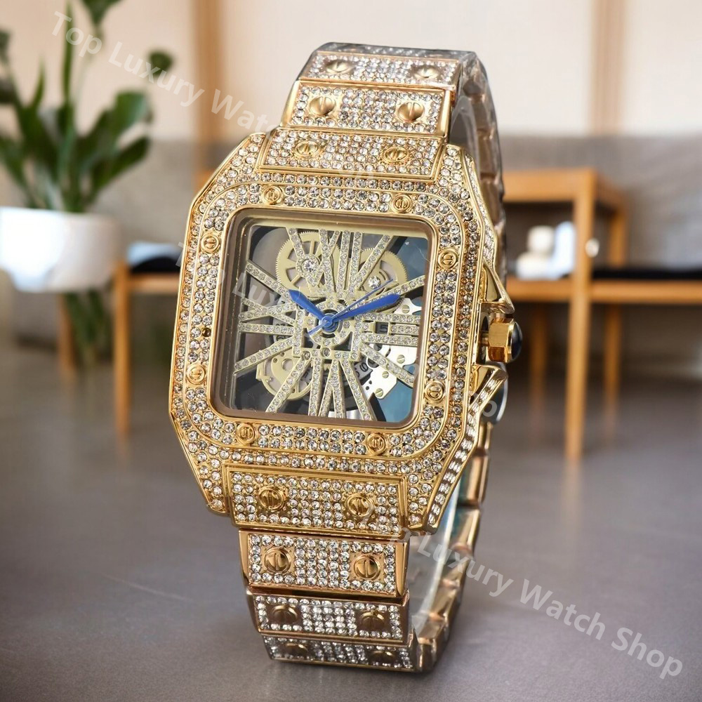 Top Sale Luxury Diamond Square Femmes Woches For Hommes Quartz Wrist Wrists Strap en acier Date automatique Daily Impermétrique Élégante 39 mm Co