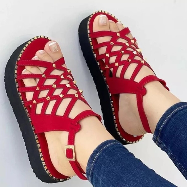 Summer New Hollow Open Toe Thick Sole Sandals Women's Large Beach Roman Shoes