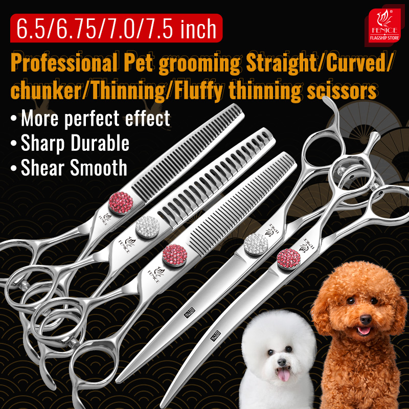 Fenice Professional 6/6.75/7/7.5 Inch Pet Scissors For Dog Grooming Straight&Thinner&Curved&Chunker Grooming Shears Tool Set