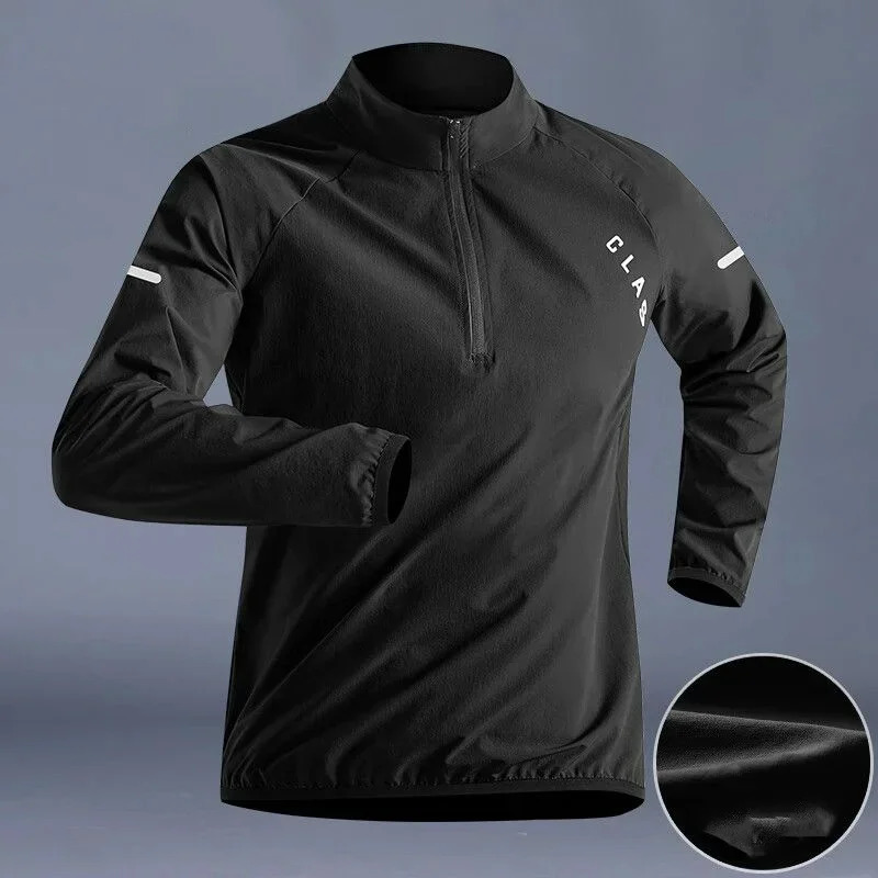 Quick Drying Clothes Men Autumn Sports Tshirt Stand Neck Loose Long Sleeved Outdoor Running Tracksuit Breathable Half Zip Top 240620