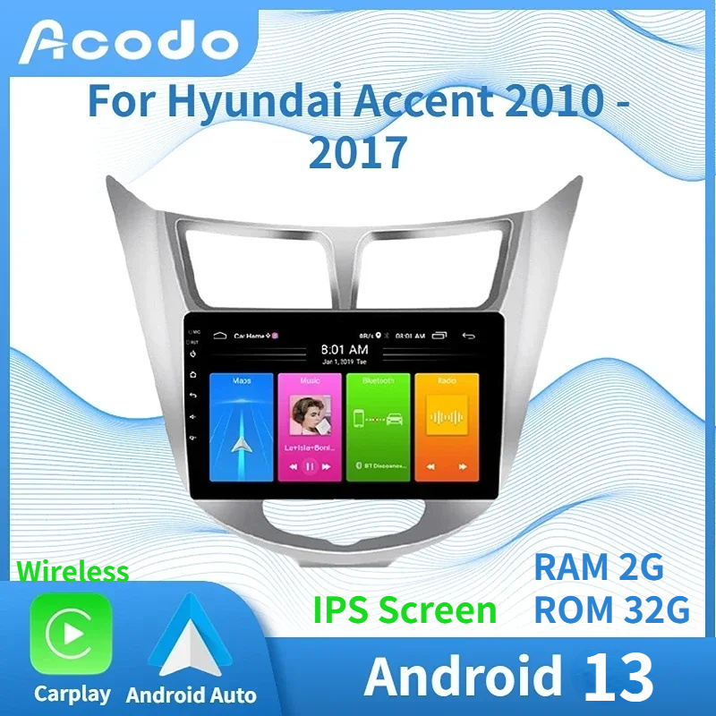 Car Stereo Acodo for Hyundai Accent 2010 - 2017 Android 12 Player with Frame Plug and Play IPS Screen Carplay FM WIFI BT Radio