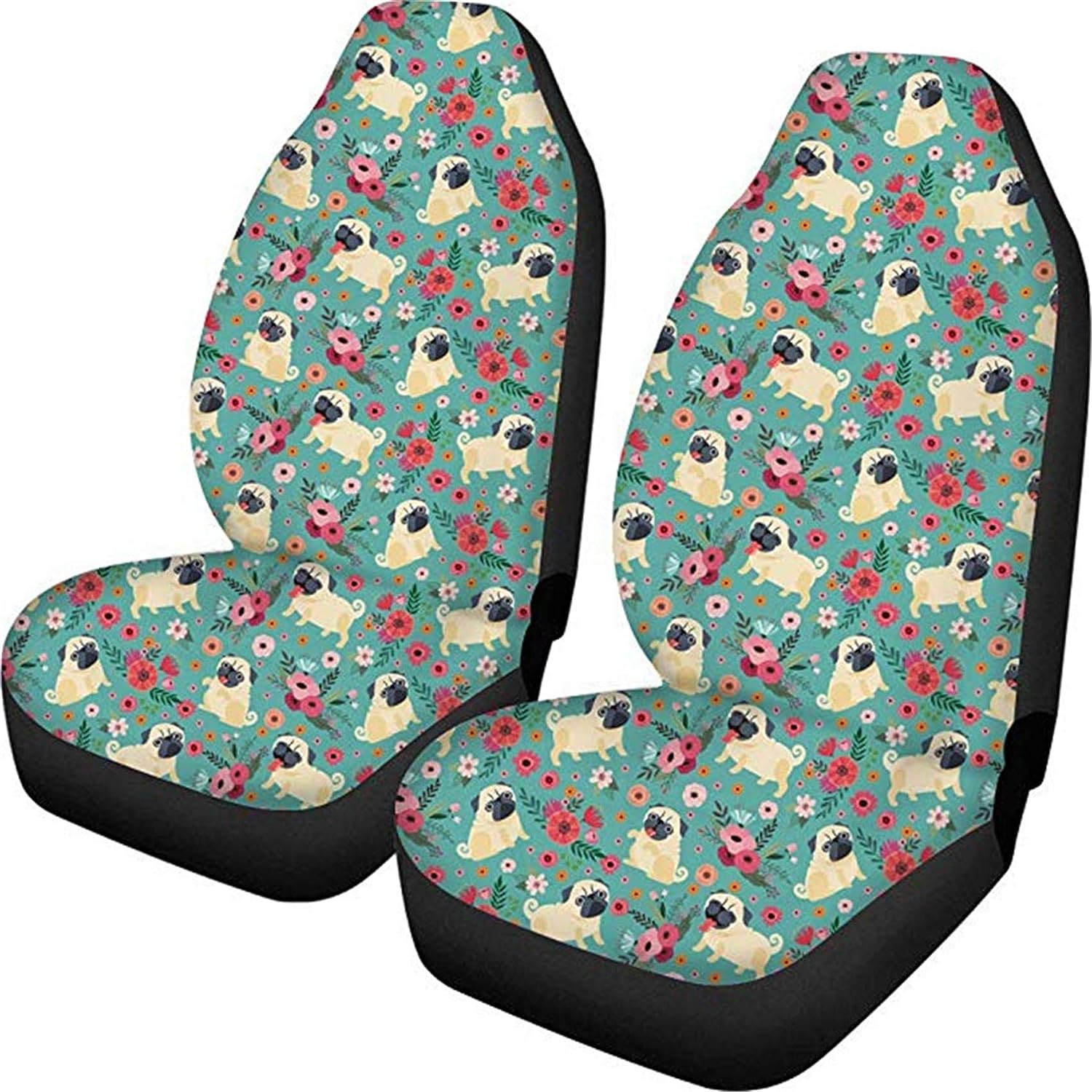 Kawaii Pug Dog Flower Pattern Comfortable Breathable 2 PC Universal Fits Car Seat Elastic Heavy Duty Auto Car Seat Car Cushion 16a76