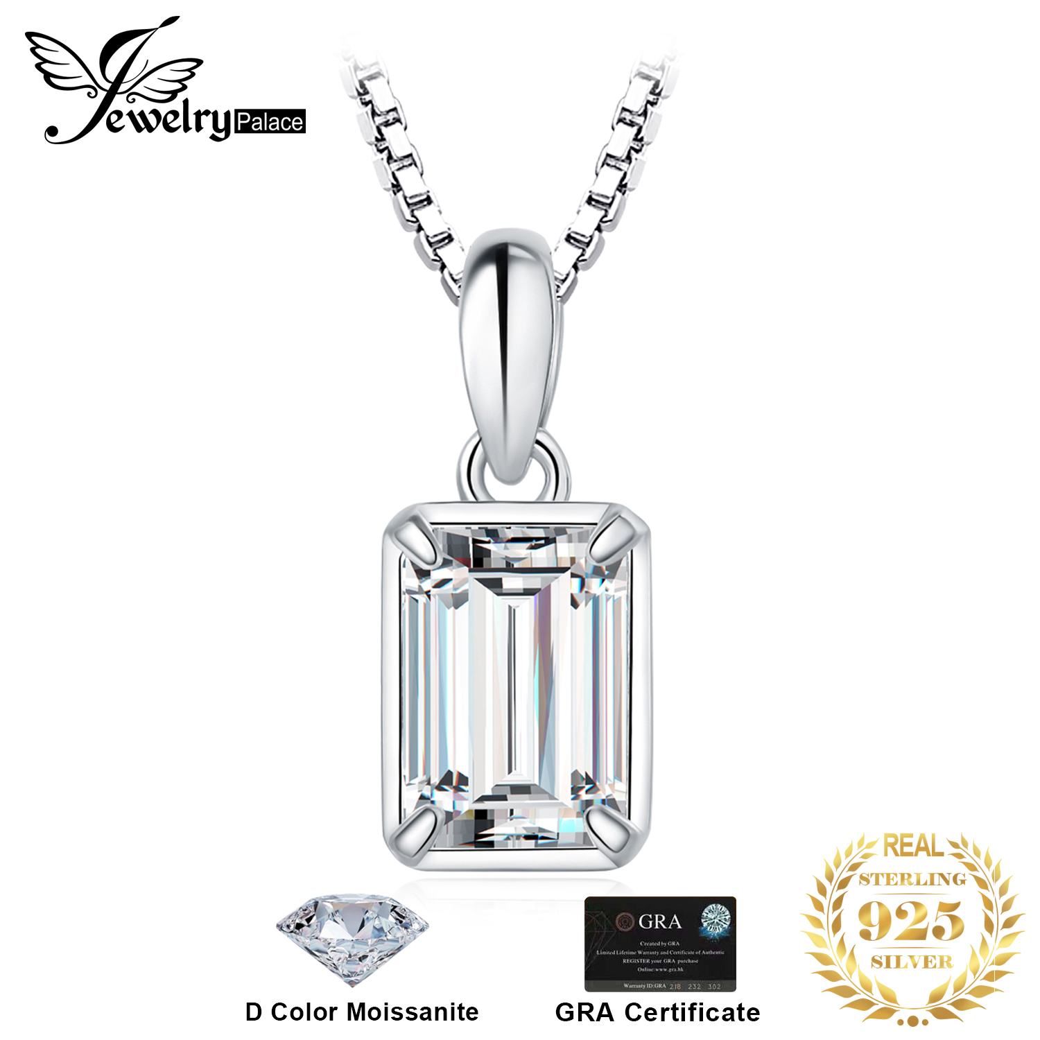 JewelryPalace Moissanite D Color 1ct Emerald Cut 925 Sterling Silver Pendant Necklace for Woman No Chain Yellow Rose Gold Plated