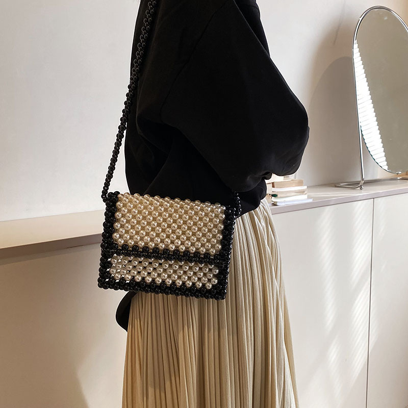 Woven Pearl Bags Summer 2023 New High Grade Black White HandBag Women's Crossbody Beaded Mini Lipstick Bag Sac A Main Femme