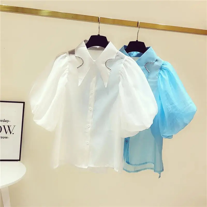 Doll Collar Hong Kong Style Diamond Lantern Sleeve Blouse Women White Shirts Camisas Casual Top Blusas Puff Short Shirt 240617