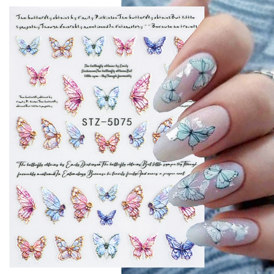 Holographics Gradient Colorful 5D Butterfly Nail Art Stickers Adhesive Sliders DIY Nail Transfer Decals Foils Wraps Decoration