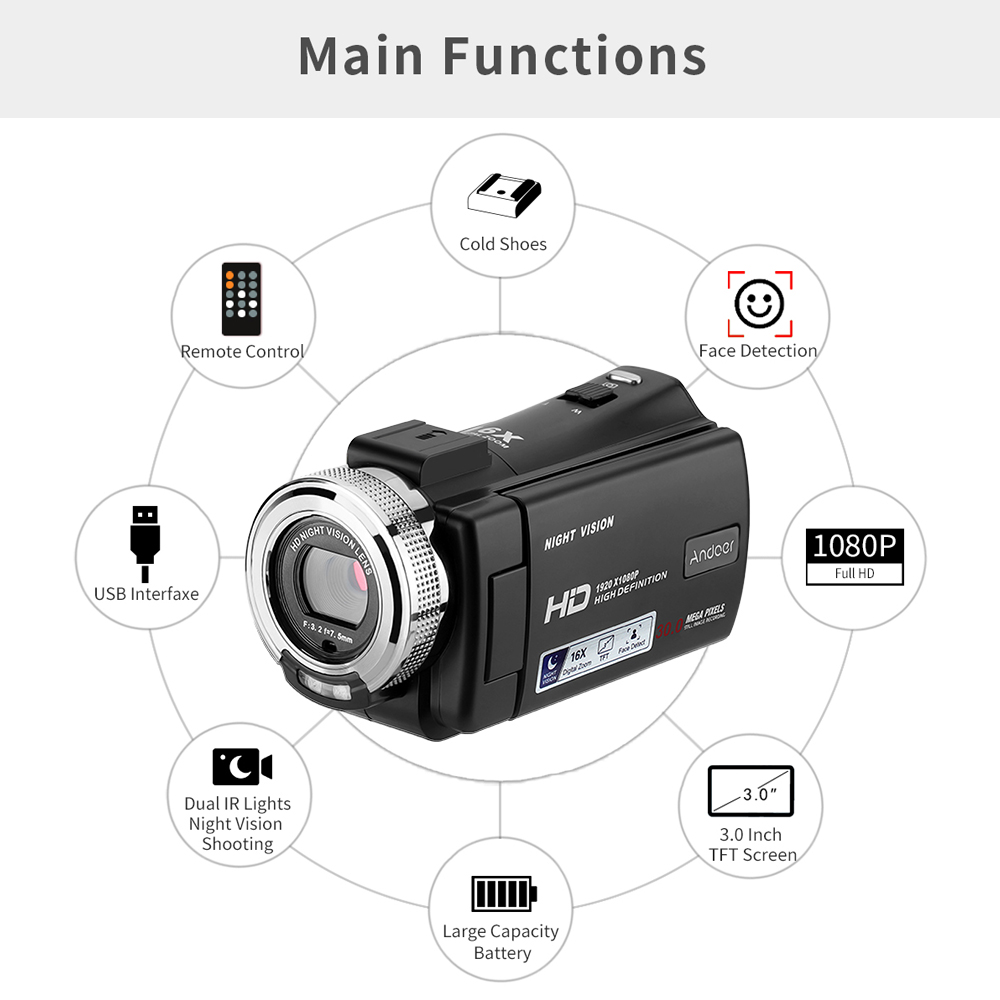 Andoer V12 1080P Full HD 16X Digital Zoom Recording Video Camera Portable Camcorder 3.0 Inch LCD Screen 30 MP Night Vision