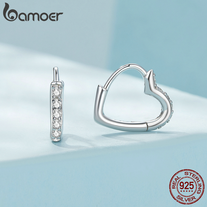 BAMOER 925 Sterling Silver Asymmetrical Heart Earrings for Women Gold Platinum Plated Cubic Zirconia Hypoallergenic Earrings