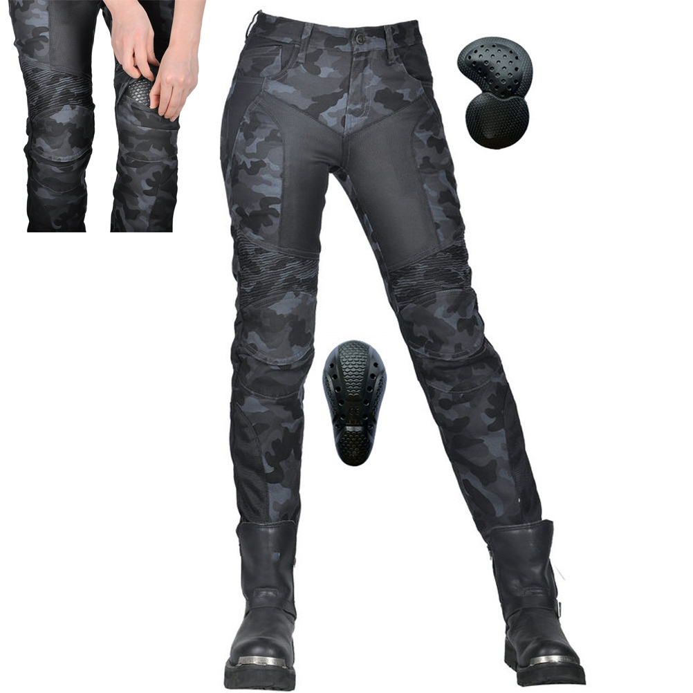 Women Motorcycle Riding Pants with 4 XUpgrade CE Armor Blue Camouflage Street Bike Motorcross Racing Jeans Protective Chaps Pant