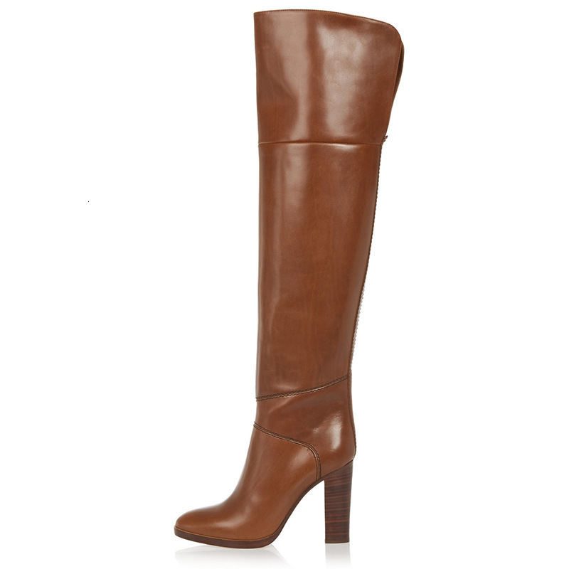 Brown Leather Chunky Heel Women Long Brand Design Large Size Over The Knee Boots Celebrity Banquet Shoes Dropship 68