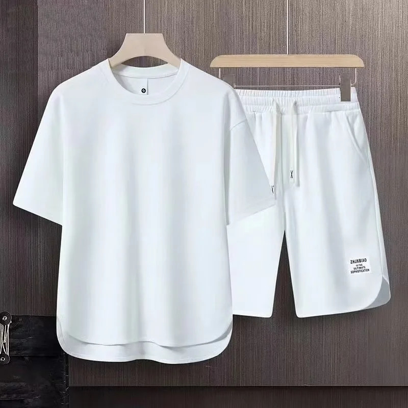Mens Korean Fashion Two Piece Set Summer Short Sleeved T-shirt And Shorts Loose Sets Men Clothes Tracksuits 240615