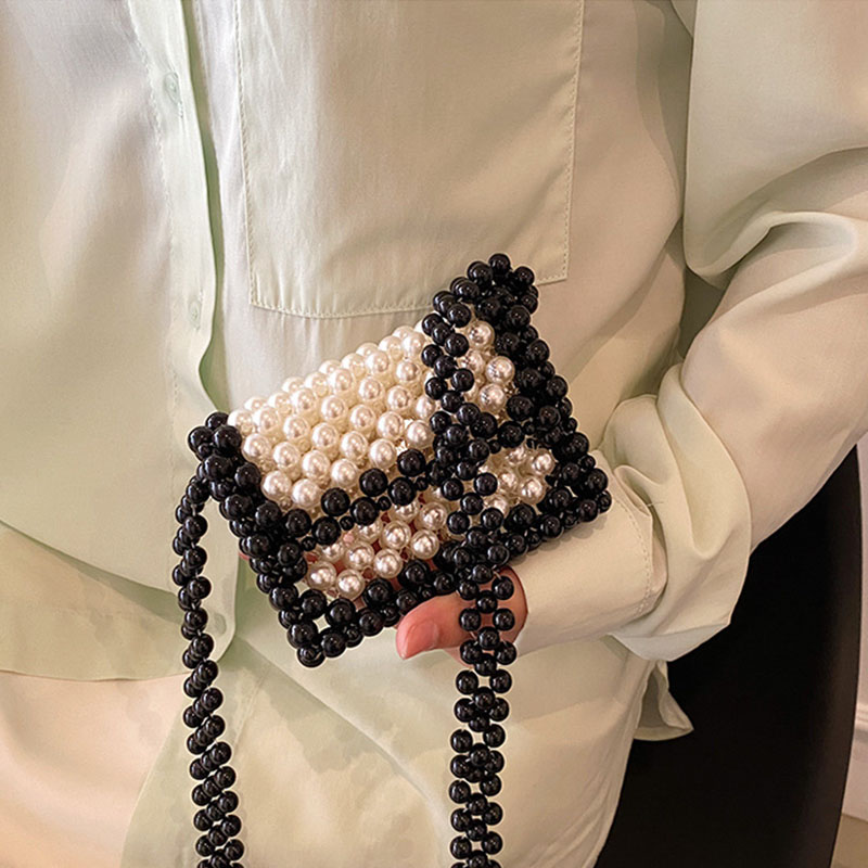 Woven Pearl Bags Summer 2023 New High Grade Black White HandBag Women's Crossbody Beaded Mini Lipstick Bag Sac A Main Femme