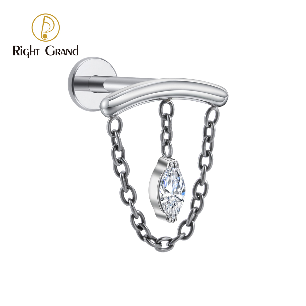 Right Grand ASTM F136 Titanium Hidden Curved Chain Marquise CZ Drape Internally Threaded Cartilage Helix Stud Earring Piercing