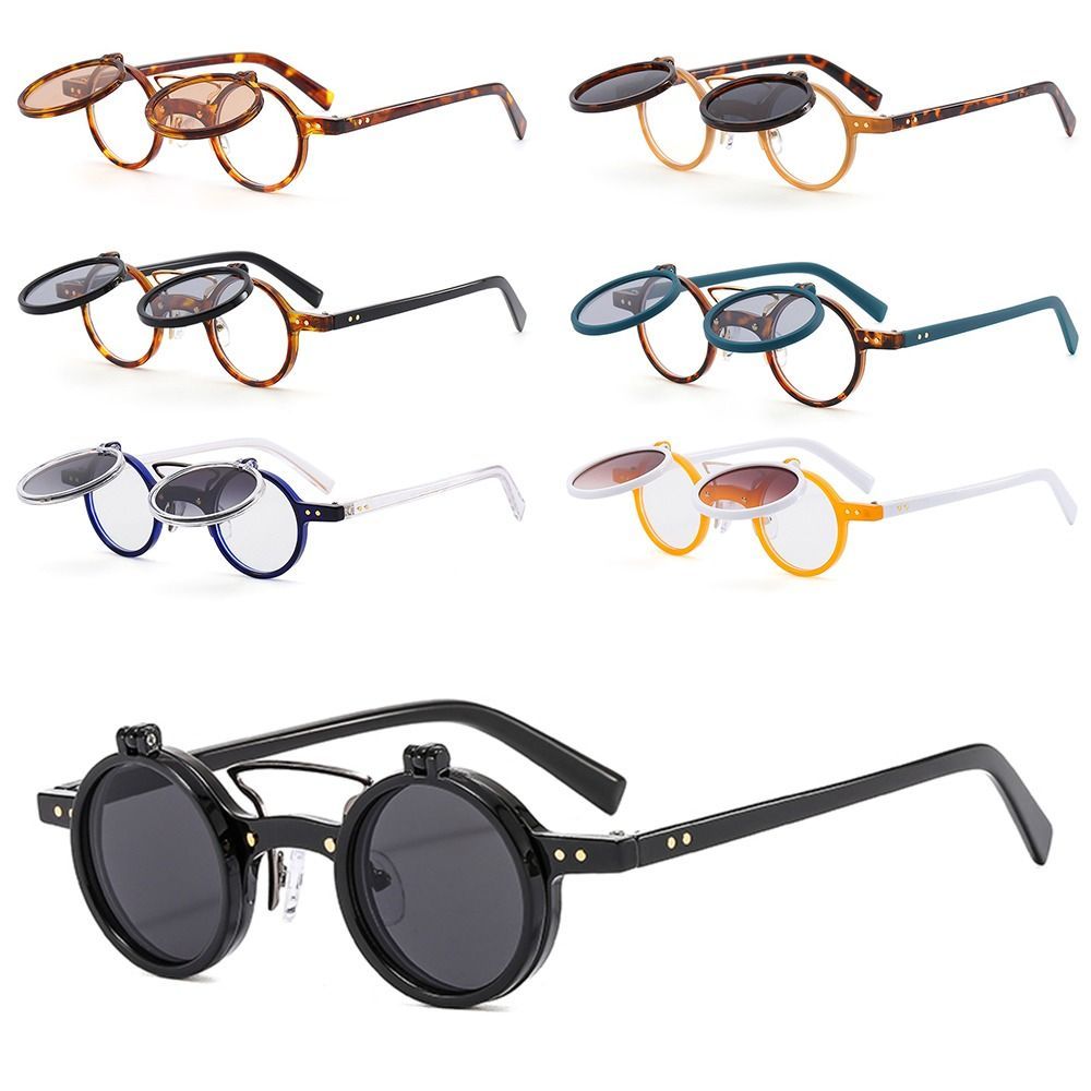 Popular Vintage Steampunk Flip Up Sunglasses Retro Rivets Small Round Sun Glasses Double-layer Flip Lens Punk Eyeglasses UV400