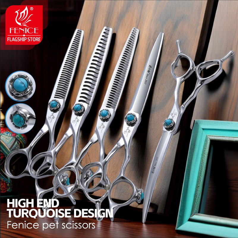Fenice 6.5/7/7.5/8 Inch VG10 Professional Dog Haircut Grooming Scissors Turquoise Bearing Screw Curved &Thinner&Chunker Shears