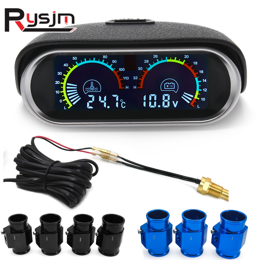Digital Horizontal 2 in 1 LCD Water Temperature Voltmeter Volt Gauge With 10mm 1/8NPT Temp Sensor For 12V/24V Car Truck