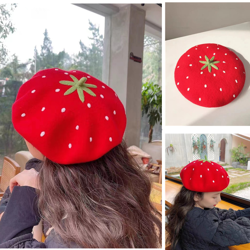 Autumn and Winter 2023 New Handmade Strawberry Beret Fruit Pumpkin Hat Cute Soft Girl Little Leaf Painter Hat Wool Beret 7e0c0