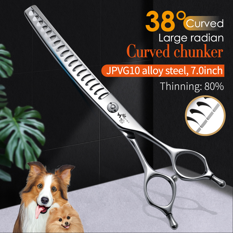 Fenice Professional 7 inch JP VG10 Steel Super Curved 38° Dog Grooming Shears Curved Chunker Scissors for Dogs Thinning Rate 80%