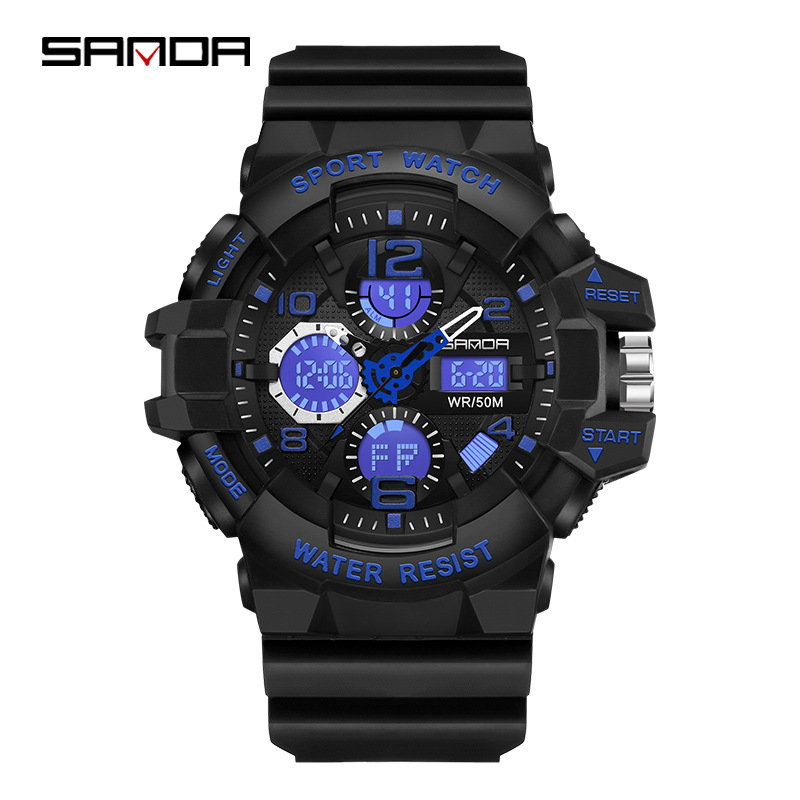 SANDA 3168 Trendy Men Led Analog Display Alarm Clock Mode Digital Quartz Movement 50M Waterproof Outdoor Sports Wrist Watch 1d232