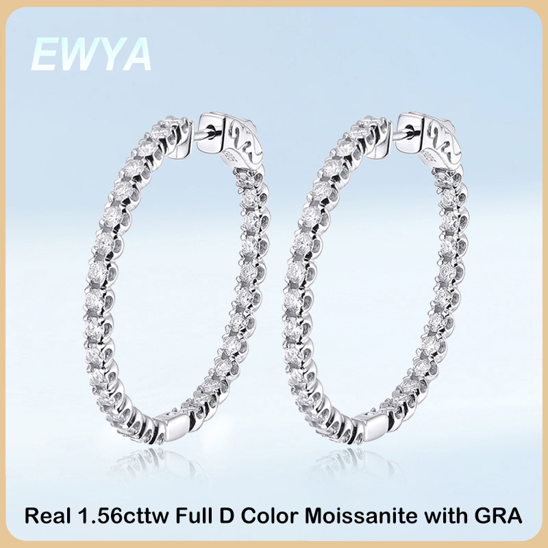EWYA Luxury 1.56cttw Full Moissanite Hoop Earrings For Women Party S925 Sterling Silver Plated 18K White Gold Diamond Earring