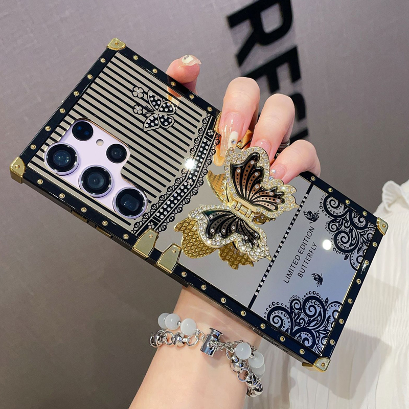 Luxury 3D Bling Diamond Butterfly Square Case Stand TPU Metal Corner Plating Mirror For Samsung S25 Ultra S24 FE S23 Plus S22 S21 A05 A05S A06 A16 A26