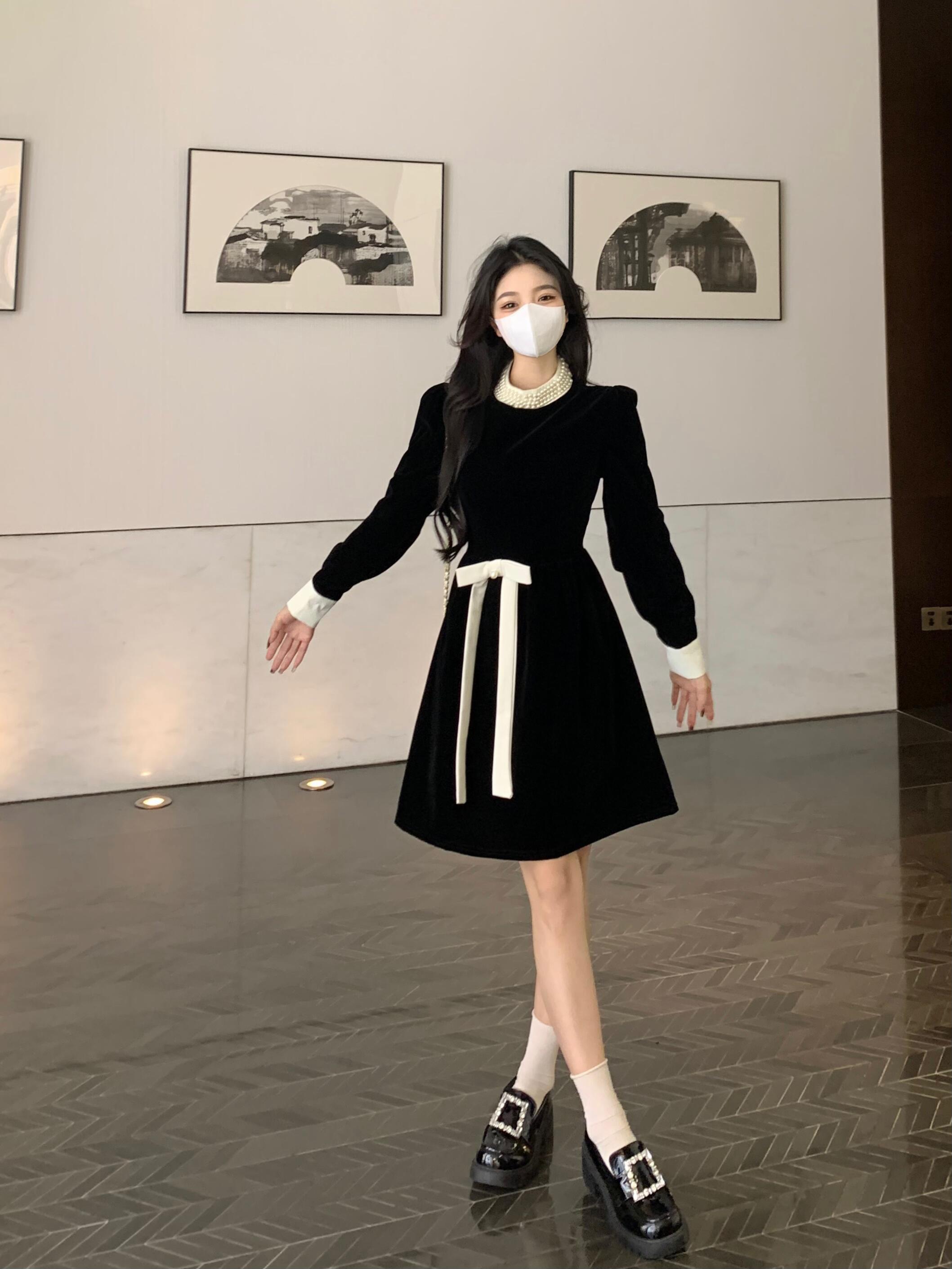 Large size women's autumn/winter French Hepburn style chubby girl appears slim and waist tight temperament dress