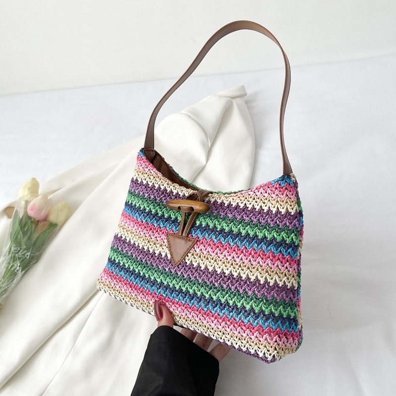 Summer New Straw Braided One Shoulder Underarm Bag Women's Rainbow Stripe Single Shoulder Bag Bohemian Style Hand Carry Bags