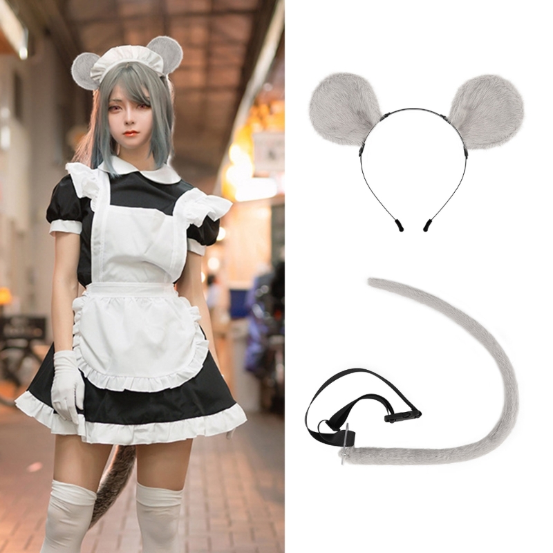 2Pieces Mouse Cat Wolf Tail Ears Headband Set Halloween Christmas Fancy-Party Costume Toy Gift for Woman Men Cosplay