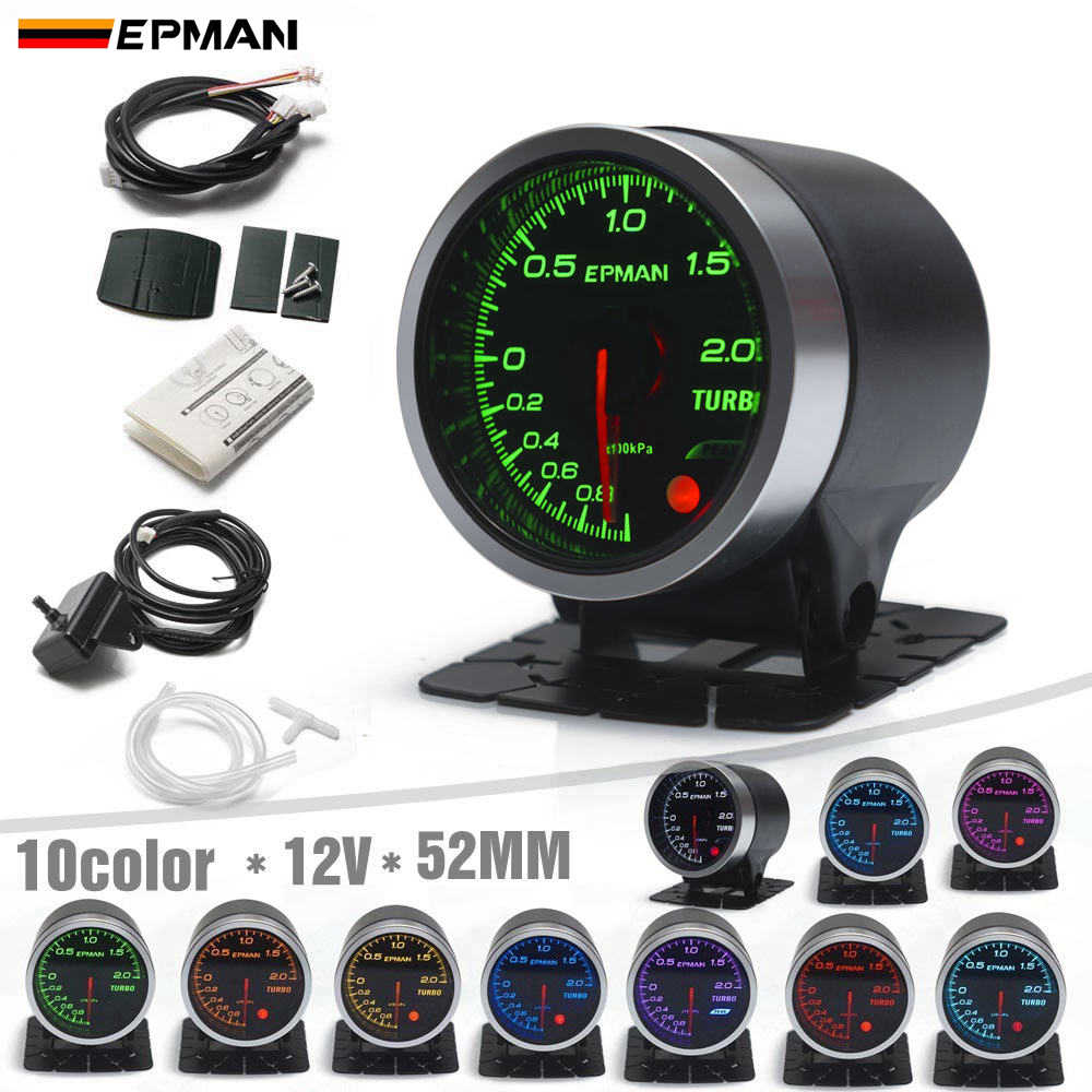 EPMAN 2 52mm 10 Color LED Backlights Face Bar Turbo Boost Gauge Meter w Sensor Mount Bracket Cup Holder EPXX707