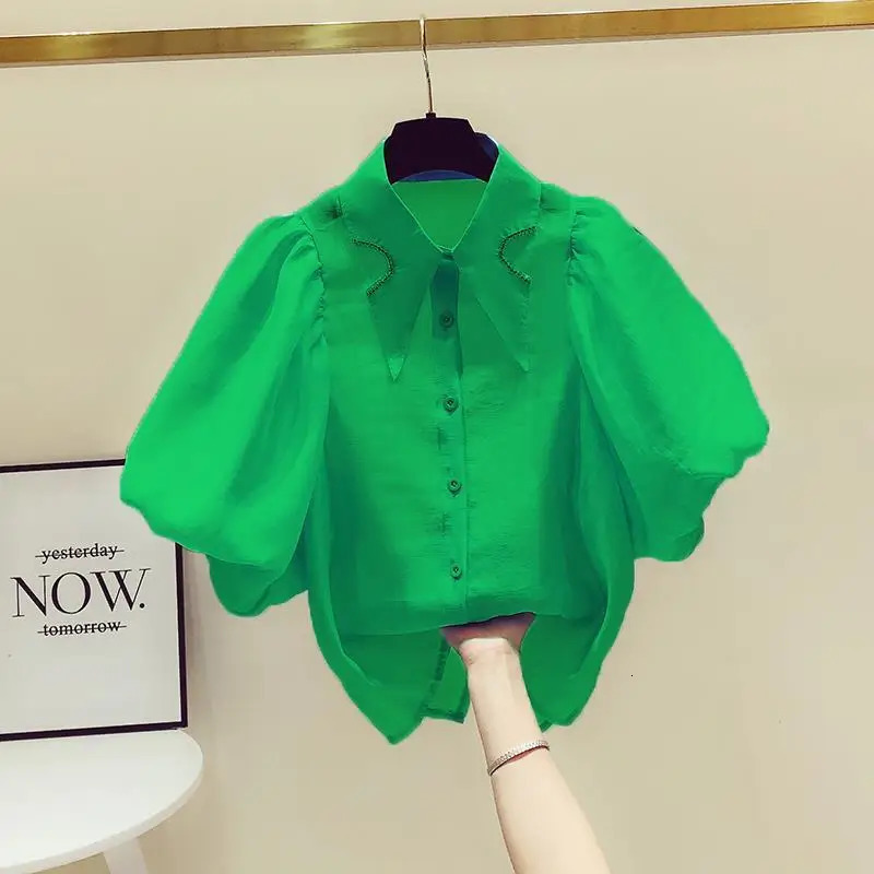 Doll Collar Hong Kong Style Diamond Lantern Sleeve Blouse Women White Shirts Camisas Casual Top Blusas Puff Short Shirt 240617