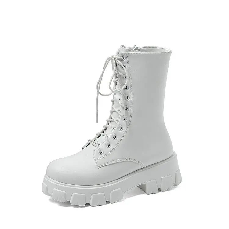 Platform Women's Ankle Autumn 2023 Black White Thick Bottom Motorcycle Botas Mujer Pu Leather Non-Slip Combat Boots Women