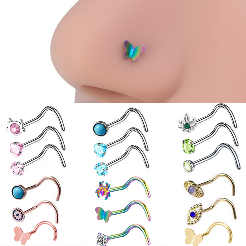 3PCS Pink Crystal Bend Nose Piercing Stud Set Spider Nose Ring Bulk Twist Butterfly Nose Rings And Studs Pack Piercing Nariz Lot 8dc58 5 81fdc