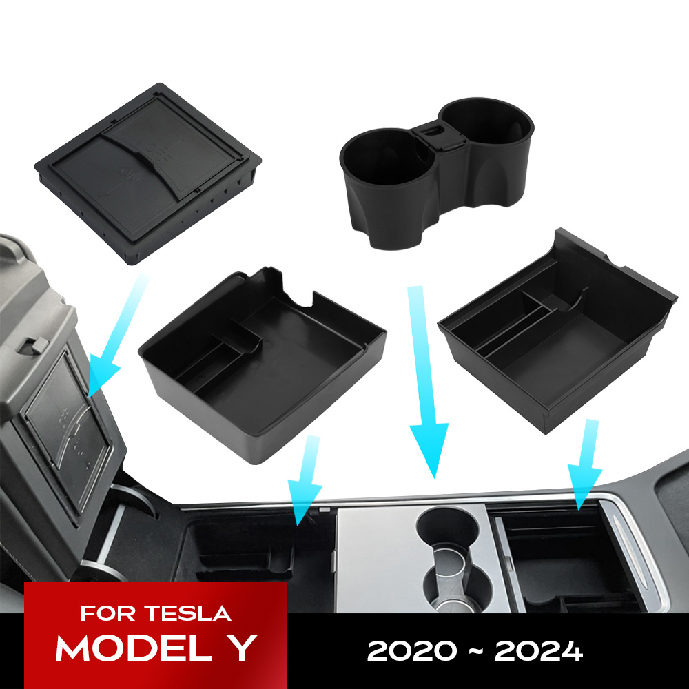 For Tesla Model Y Hidden Storage Box Car Center Console Armrest Front and Rear Flocking Layered Grid Organized Container Slide