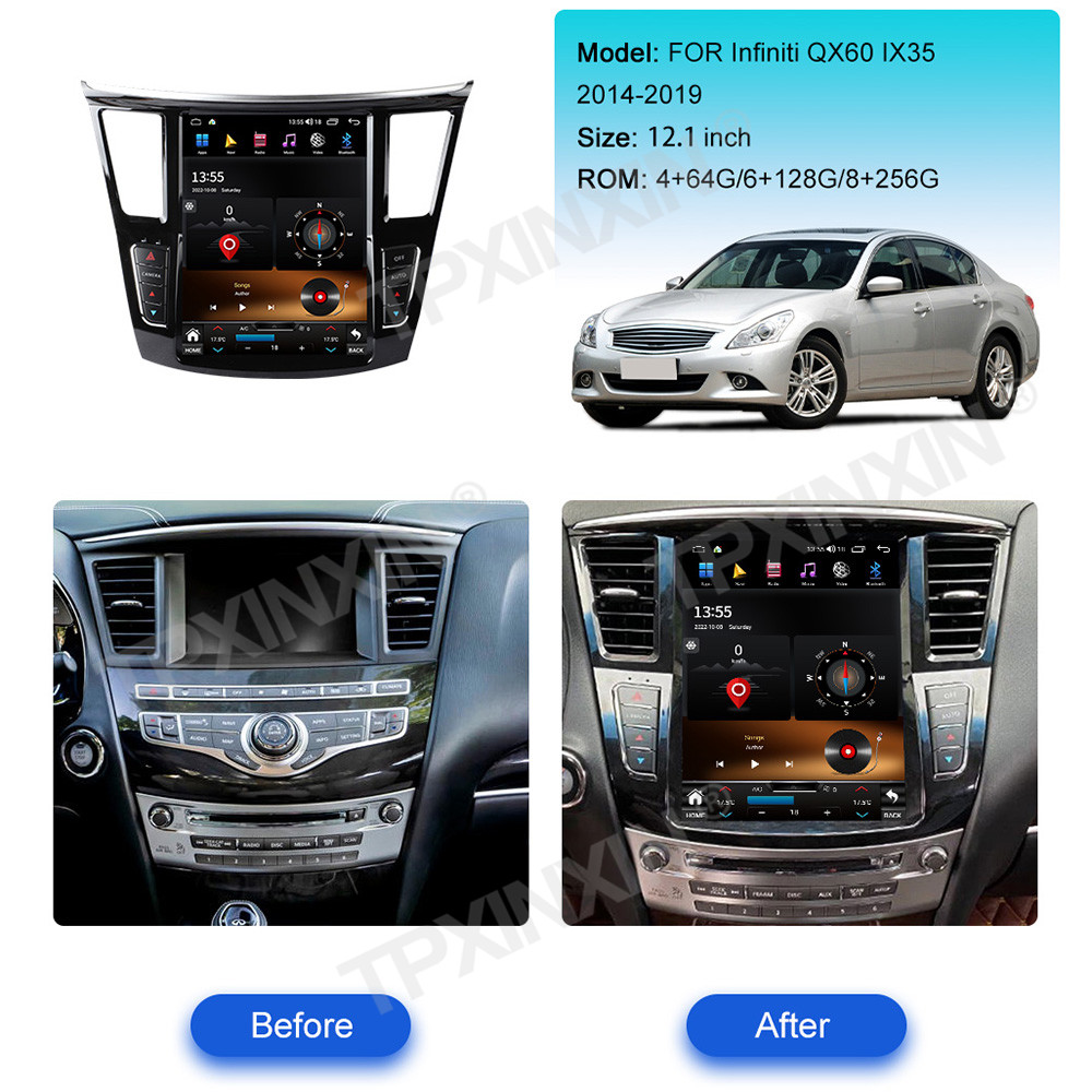 12.1 Inch Tesla Style CarPlay Android 13 For Infiniti QX60 IX35 2014-2019 Car Radio Stereo Receiver GPS Audio Recorder Head Unit