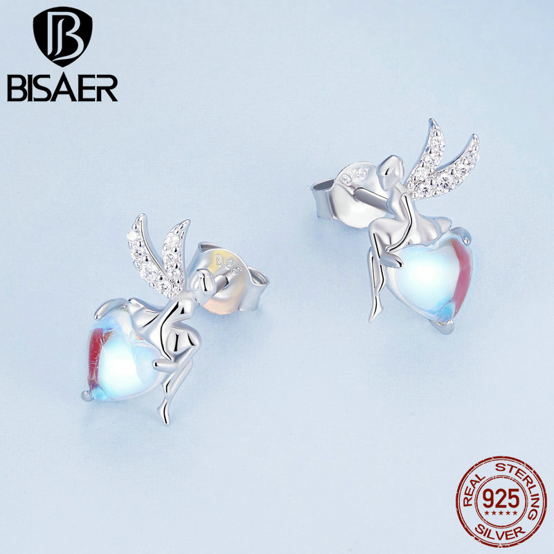 BISAER 100% 925 Sterling Silver Mini Heart Moonstone Stud Earrings Plated Platinum For Women Couples Party Fine Jewelry Gift