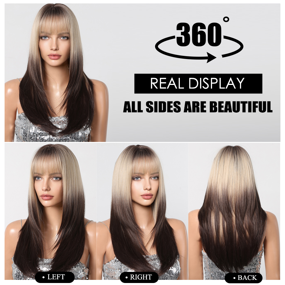 Synthetic Cosplay Ombre Straight Women Hair Platinum Blonde To Black Hair Long Layered Natural ddmysmile Wigs With Bangs For White Women Smile