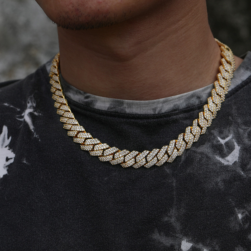 moissanite Cuban link chain necklace hip hop 3 row moissanite chain 20MM V gold iced out Diamond chains for women men prong chocker chain jewelry