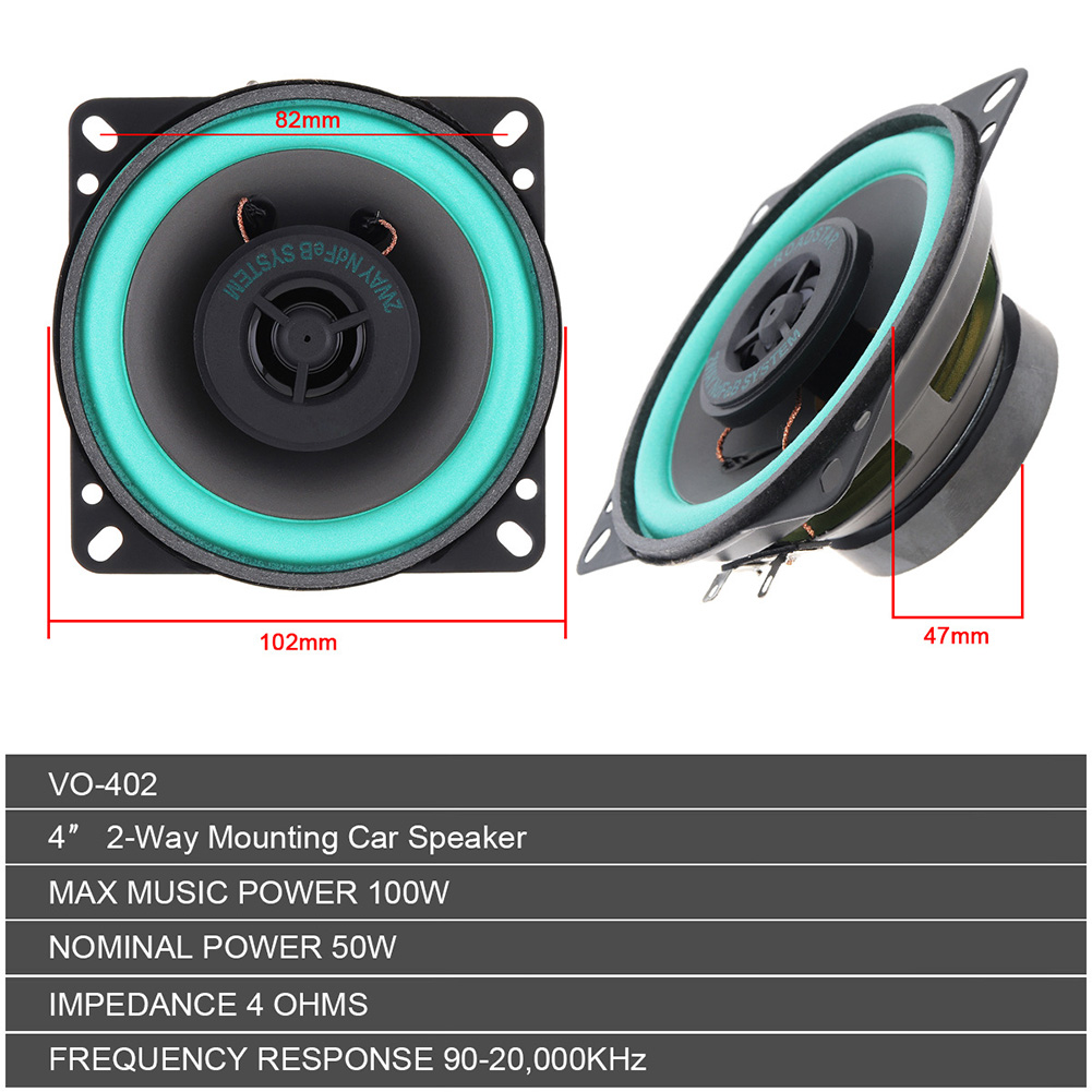 VO-402 4 inch 2 Way 100W Universal Car HiFi Coaxial Speaker Rubber Metal Audio Loudspeaker for Vehicle Audio System