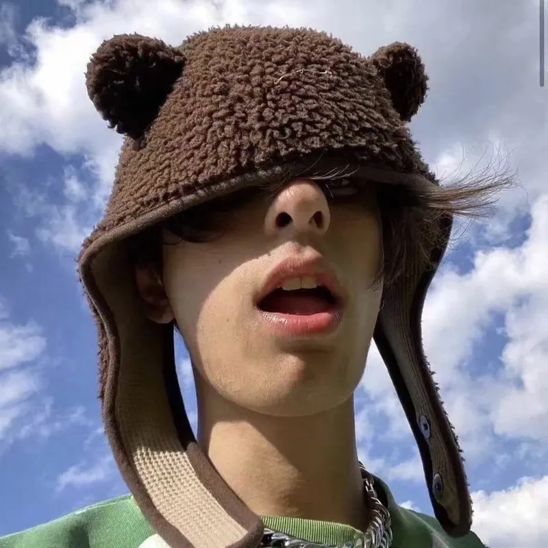 New Brown Bear Ear Scarf Beanies Men Women Winter Safety Helmet Rockwool Magnetic Buckle Outdoor Protector Hat with Earflaps