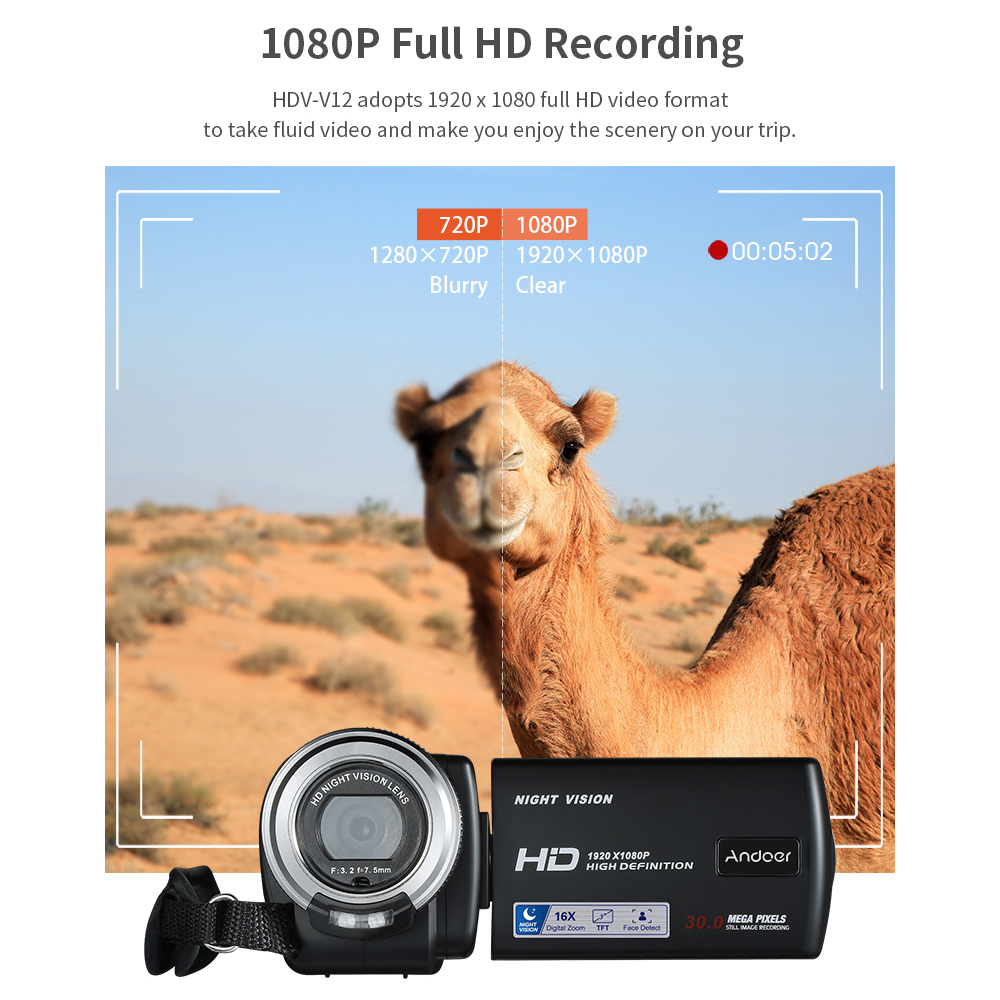 Andoer V12 1080P Full HD 16X Digital Zoom Recording Video Camera Portable Camcorder 3.0 Inch LCD Screen 30 MP Night Vision