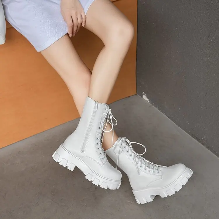 Platform Women's Ankle Autumn 2023 Black White Thick Bottom Motorcycle Botas Mujer Pu Leather Non-Slip Combat Boots Women