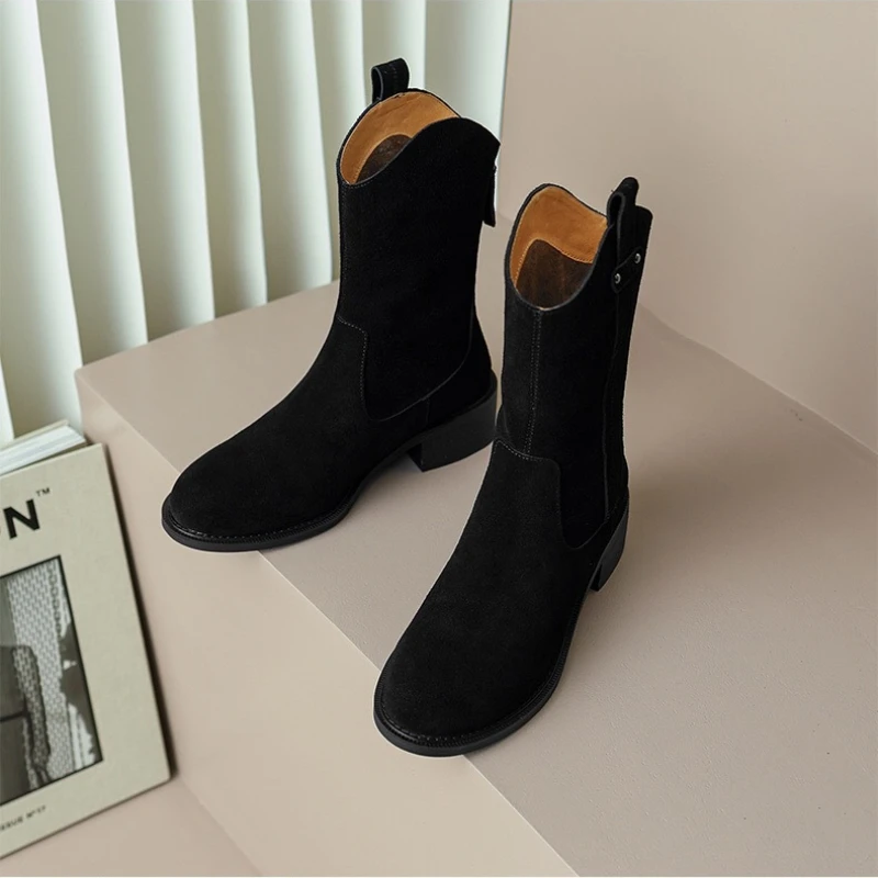 Women Pointed Toe Suede Chelsea Autumn Winter 2023 New Wedge Heel Western Cowboy Boots Slip-On Ankle Wholesale Zapatos De Mujer
