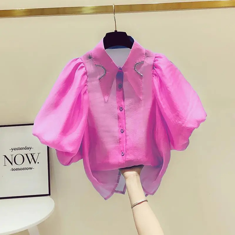 Doll Collar Hong Kong Style Diamond Lantern Sleeve Blouse Women White Shirts Camisas Casual Top Blusas Puff Short Shirt 240617