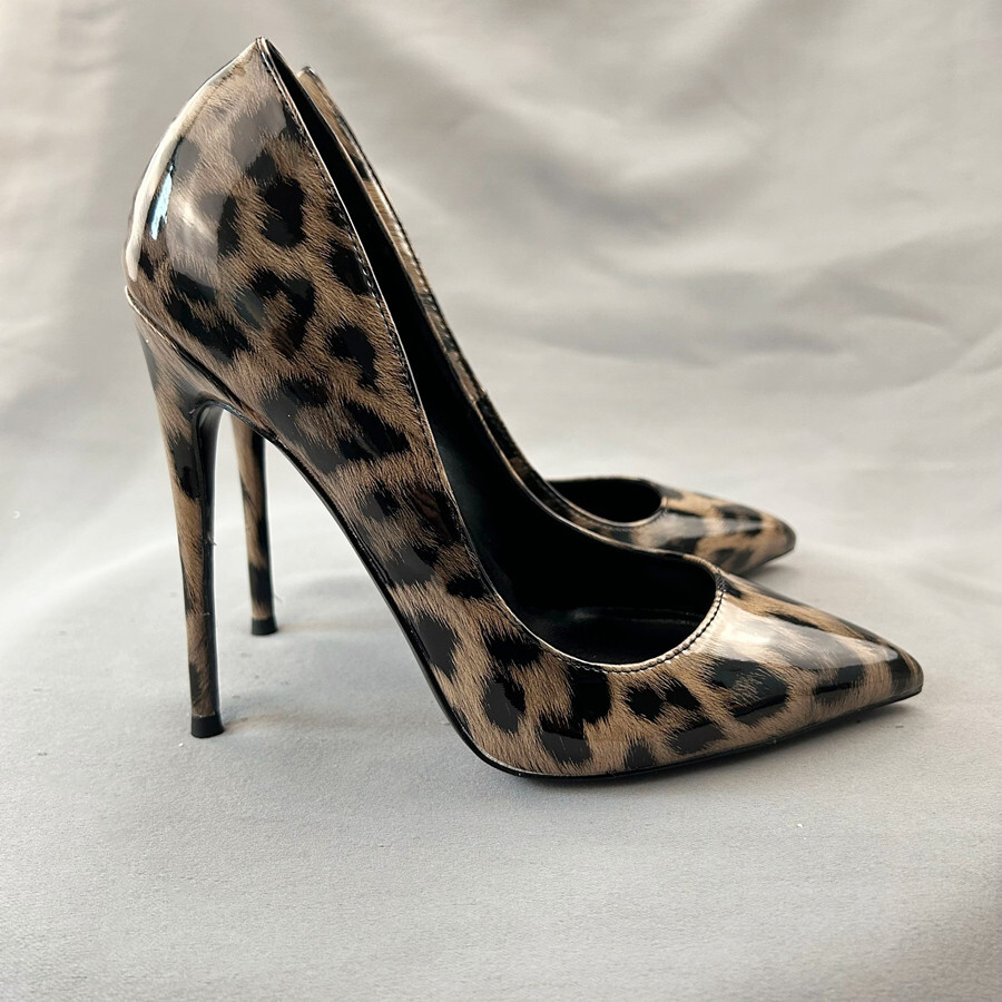 Leopard Patent Leather Sexy Pumps Stiletto Heels Pointed Toe Party Women's Heeled Shoes Plus Size 34-45 68
