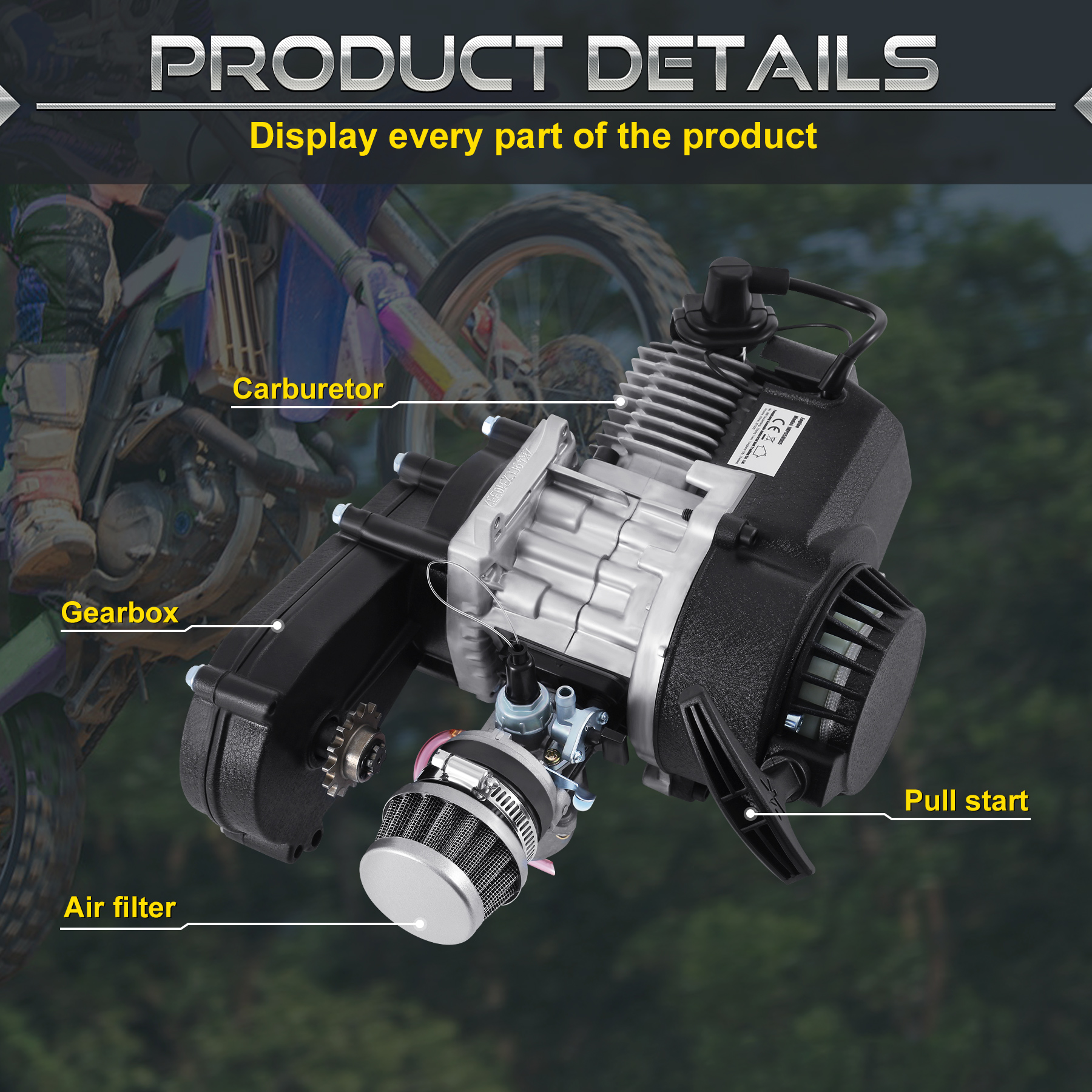 Samger 49cc 2-Stroke Pocket Bike Engine Motorcycle Engine Motor Air Filter Pullstart Quad Pocket Bike Cross Bike ATV