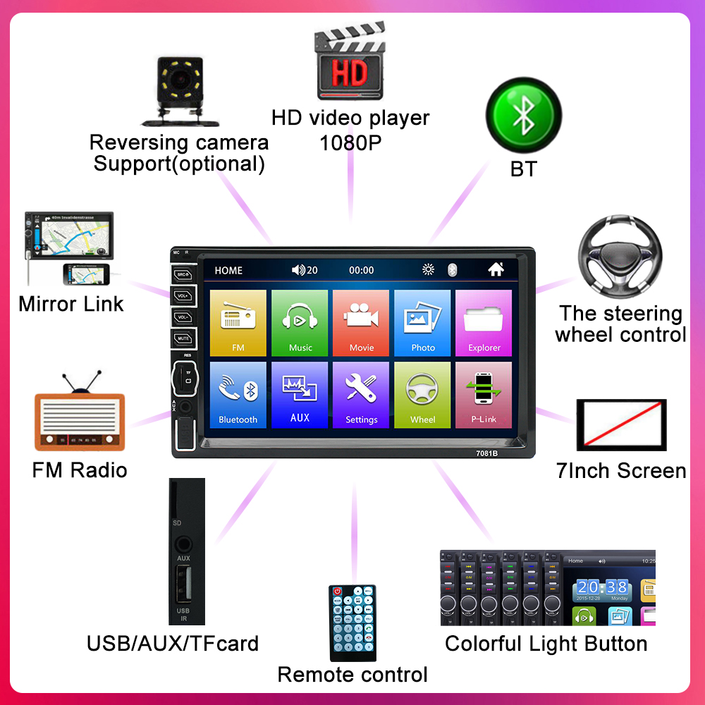 KUNFINE Universal 1 din Car Radio 7" HD Touch Screen Auto audio Car Stereo MP5 Car Multimedia Player Car Radio With Bluetooth FM